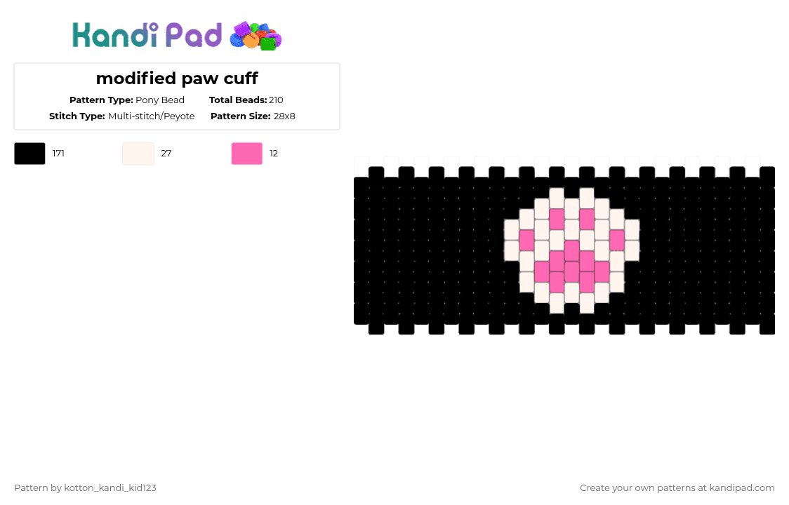 modified paw cuff - Pony Bead Pattern by tooni_macarooni on Kandi Pad - black,white,pink,paw,cuff,remix