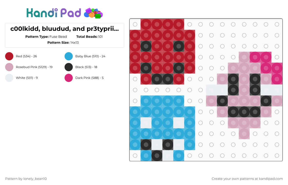 c00lkidd, bluudud, and pr3typriincess mini charms - Fuse Bead Pattern by lonely_bean10 on Kandi Pad - red,light blue,pink
