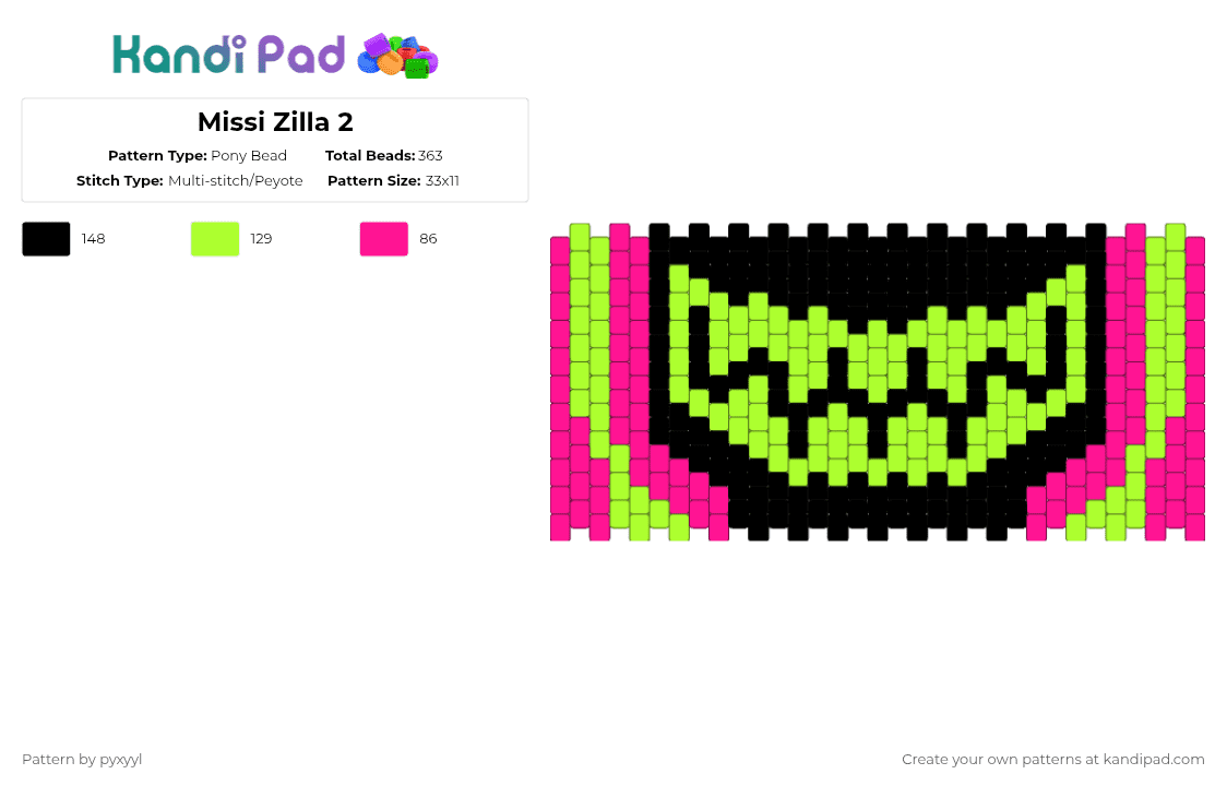 Missi Zilla 2 - Pony Bead Pattern by pyxyyl on Kandi Pad - pink,green,hazbin