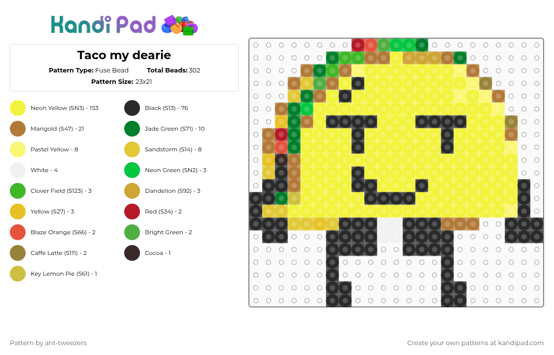 Taco my dearie - Fuse Bead Pattern by ant-tweezers on Kandi Pad - bfdi, ii, inanimate insanity, object shows, silly, taco, taco ii, taco inanimate insanity, yellow