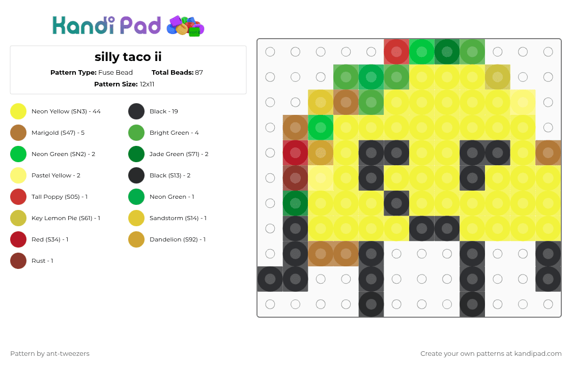 silly taco ii - Fuse Bead Pattern by ant-tweezers on Kandi Pad - yellow,inanimate insanity,taco,taco ii,ii,taco inanimate insanity,silly,bfdi,object shows