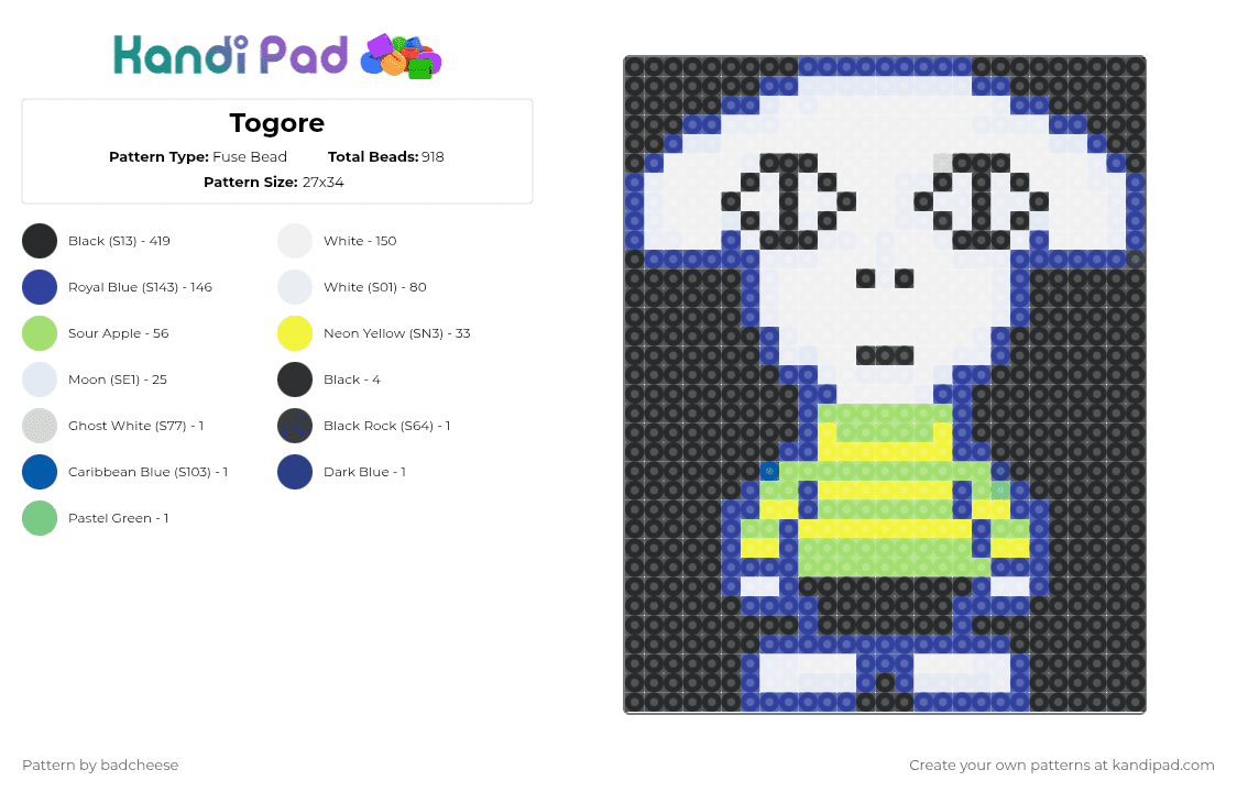 Togore - Fuse Bead Pattern by badcheese on Kandi Pad - black,white,purple,green,deltarune,togore