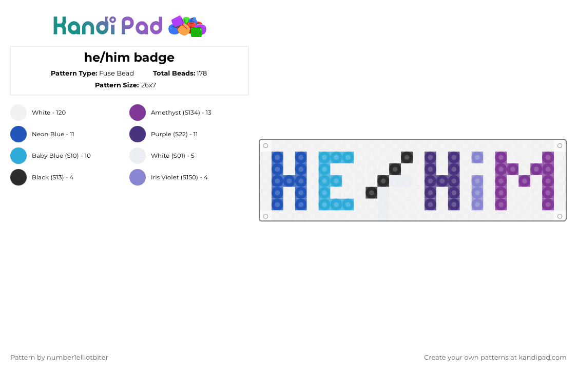 he/him badge - Fuse Bead Pattern by number1elliotbiter on Kandi Pad - white,blue,pink