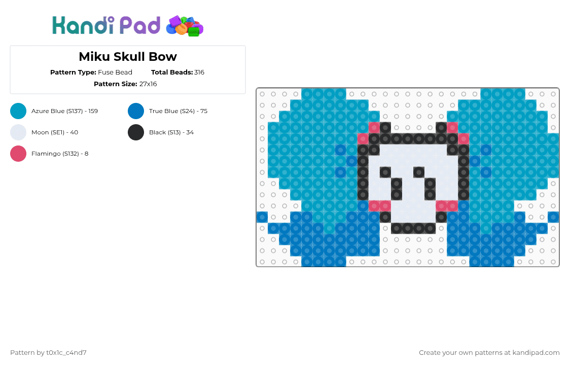 Miku Skull Bow - Fuse Bead Pattern by t0x1c_c4nd7 on Kandi Pad - light blue