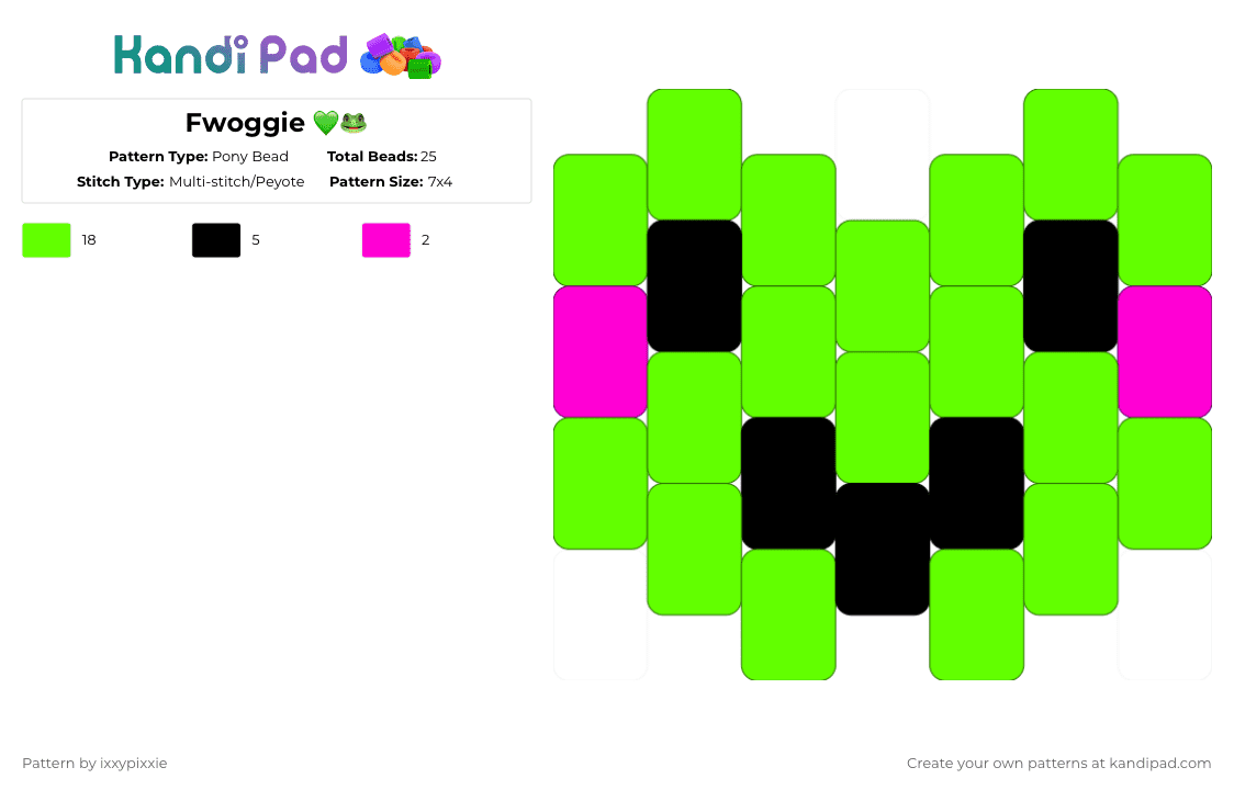 Fwoggie 💚🐸 - Pony Bead Pattern by ixxypixxie on Kandi Pad - frog,simple,charm,cute,amphibian,animal,green