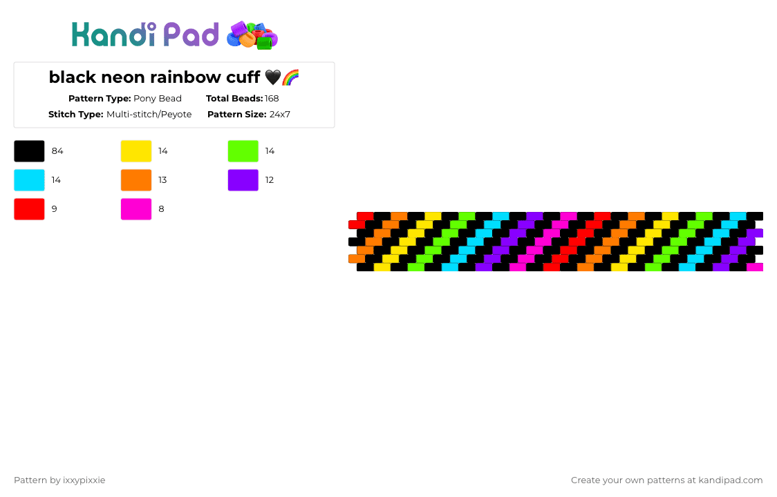 black neon rainbow cuff 🖤🌈 - Pony Bead Pattern by ixxypixxie on Kandi Pad - black,yellow,light blue,colorful