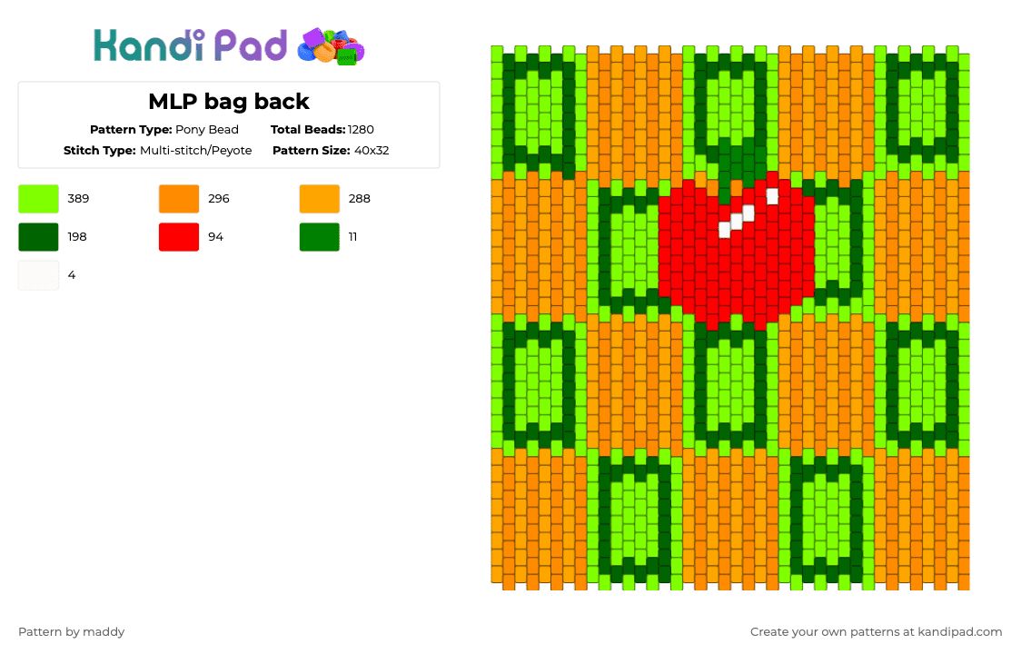 MLP bag back - Pony Bead Pattern by maddy on Kandi Pad - applejack,my little pony,green,orange