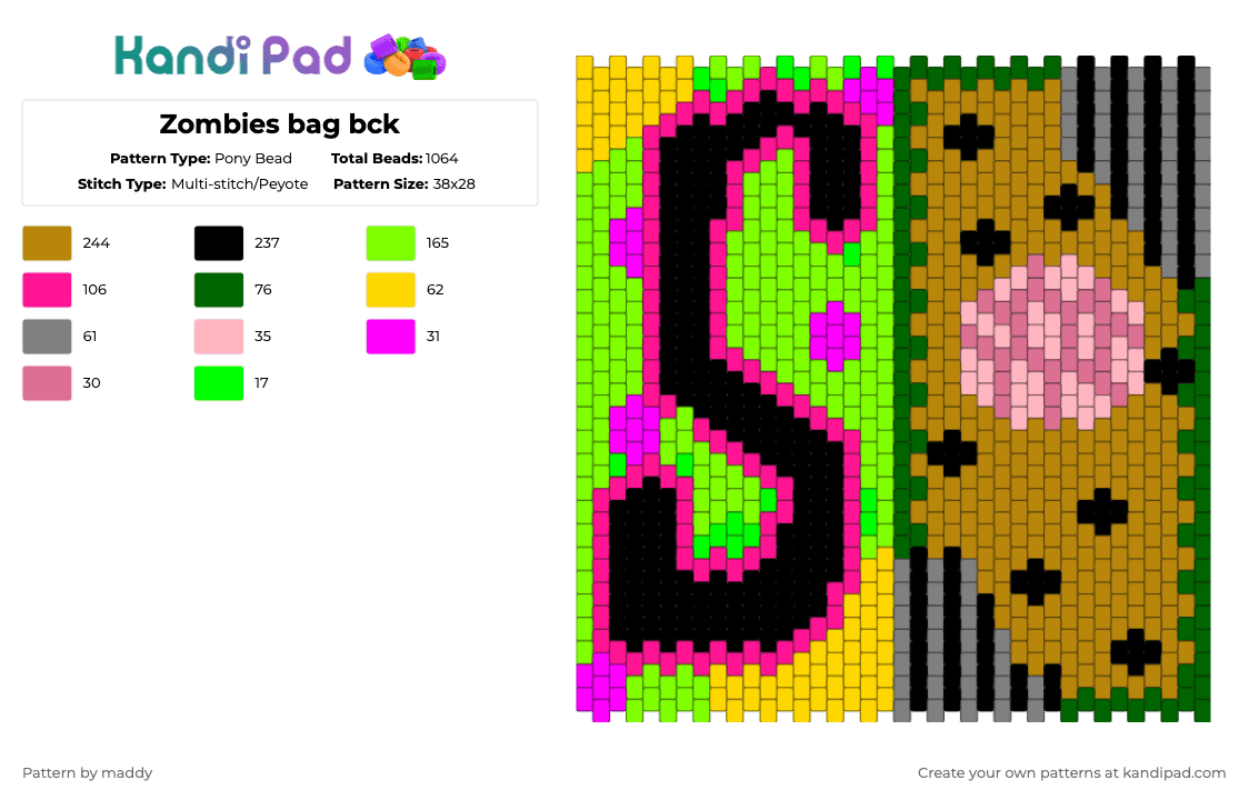 Zombies bag bck - Pony Bead Pattern by maddy on Kandi Pad - green,pink,gold