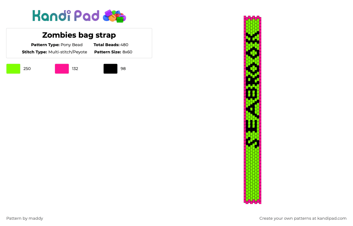 Zombies bag strap - Pony Bead Pattern by maddy on Kandi Pad - green,pink