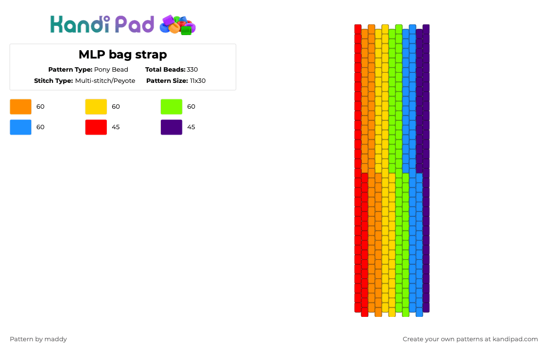 MLP bag strap - Pony Bead Pattern by maddy on Kandi Pad - orange,yellow,green,light blue