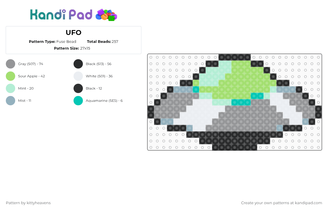 UFO - Fuse Bead Pattern by kittyheavens on Kandi Pad - ufo,flying saucer,space ship,alien,scifi,green,gray