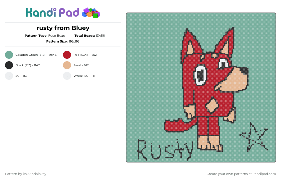 rusty from Bluey - Fuse Bead Pattern by kokkindalokey on Kandi Pad - teal