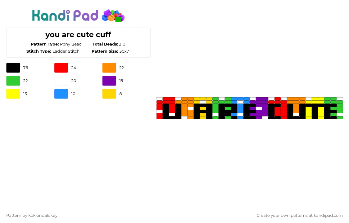 you are cute cuff - Pony Bead Pattern by kokkindalokey on Kandi Pad - red,orange,yellow,green