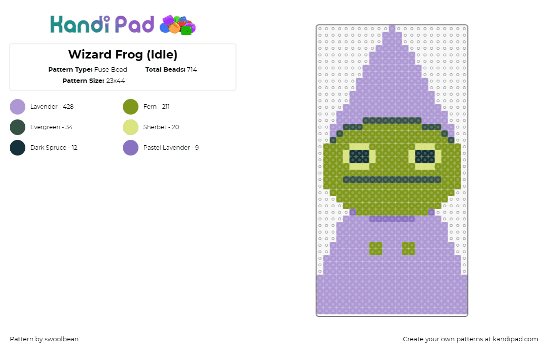 Wizard Frog (Idle) - Fuse Bead Pattern by swoolbean on Kandi Pad - frog,wizard,animal,magic,lilac,green,enchantment,fantastical,mystical,amphibian