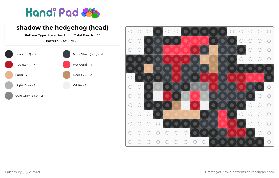 shadow the hedgehog (head) - Fuse Bead Pattern by y0yle_st4rz on Kandi Pad - black,red,shadow,sonic,hedgehog,white,shadowthehedgehog,fusebead