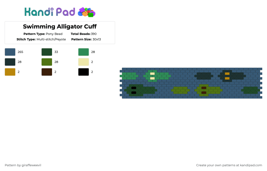 Swimming Alligator Cuff - Pony Bead Pattern by giraffeweevil on Kandi Pad - blue,alligator,reptile