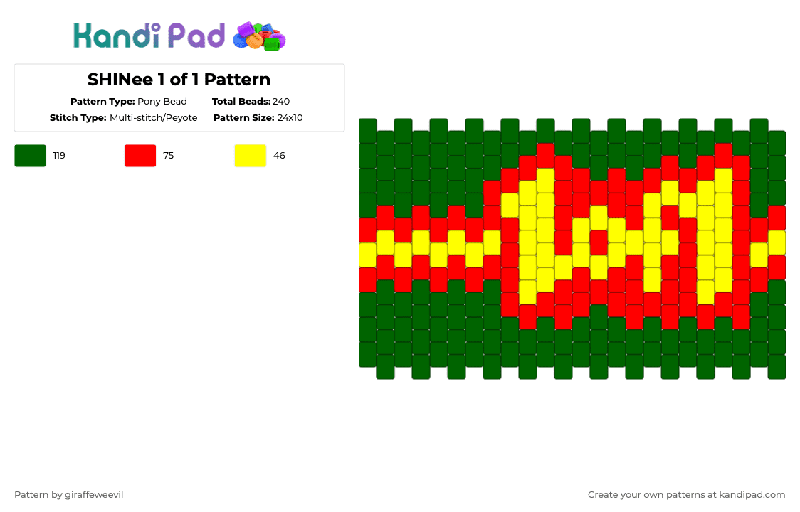 SHINee 1 of 1 Pattern - Pony Bead Pattern by giraffeweevil on Kandi Pad - green,music,kpop,shinee