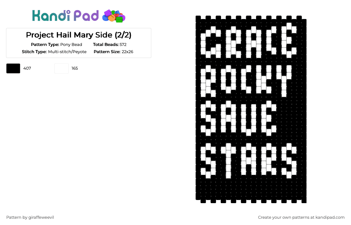 Project Hail Mary Side (2/2) - Pony Bead Pattern by giraffeweevil on Kandi Pad - black,white,bag,purse,project hail mary,space