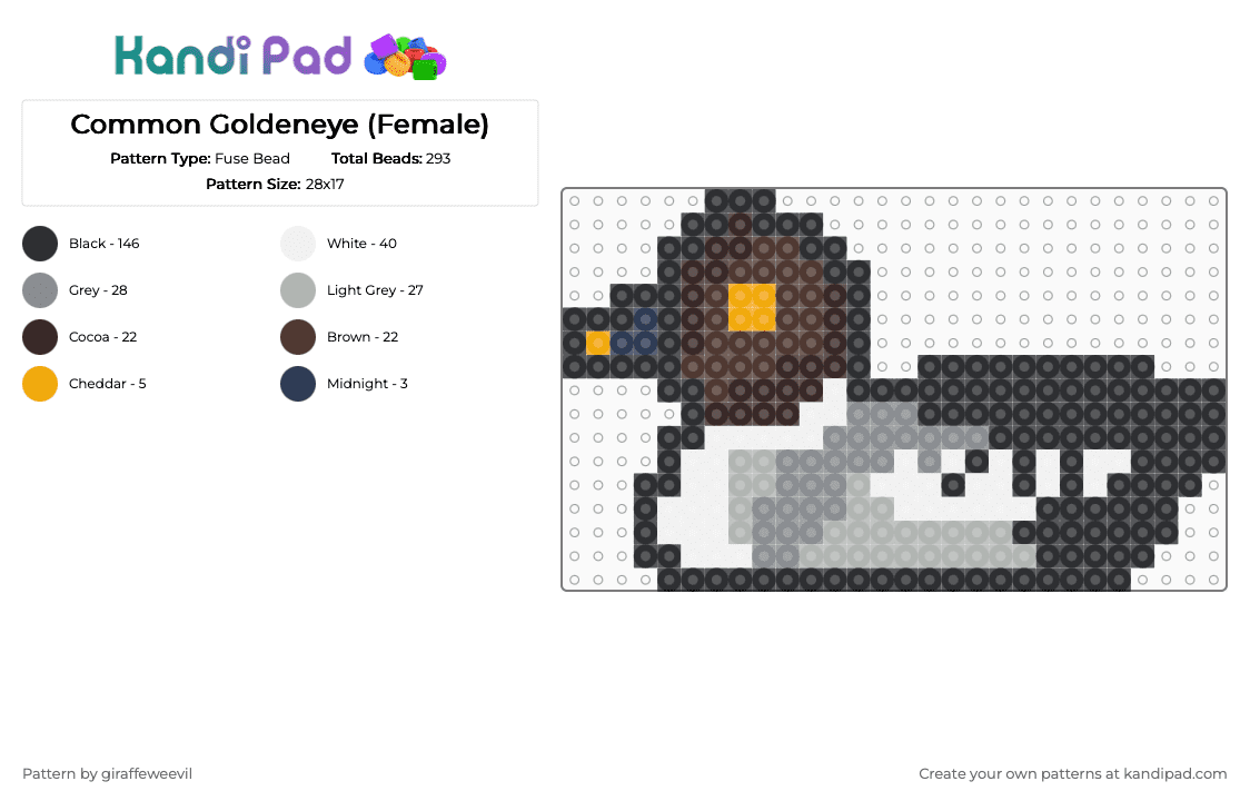 Common Goldeneye (Female) - Fuse Bead Pattern by giraffeweevil on Kandi Pad - black,brown,beige,gray,bird,duck