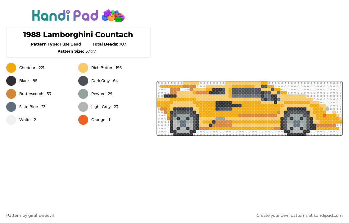 1988 Lamborghini Countach - Fuse Bead Pattern by giraffeweevil on Kandi Pad - yellow,orange,cotdclassiccars
