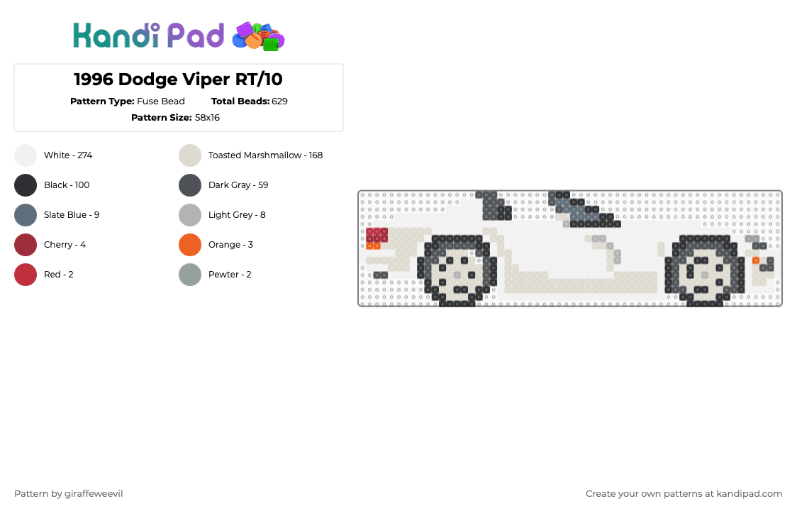 1996 Dodge Viper RT/10 - Fuse Bead Pattern by giraffeweevil on Kandi Pad - white,gray,beige,car,vehicle