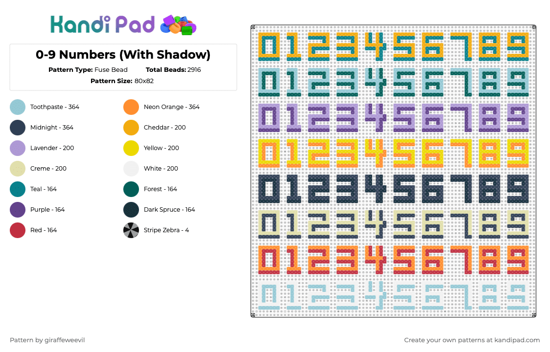 0-9 Numbers (With Shadow) - Fuse Bead Pattern by giraffeweevil on Kandi Pad - orange,light blue,purple,yellow,numbers,4