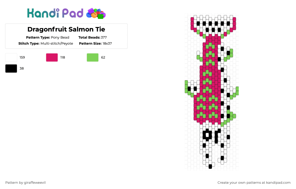 Dragonfruit Salmon Tie - Pony Bead Pattern by giraffeweevil on Kandi Pad - pink,green,dragonfruit,fish,animal,tie