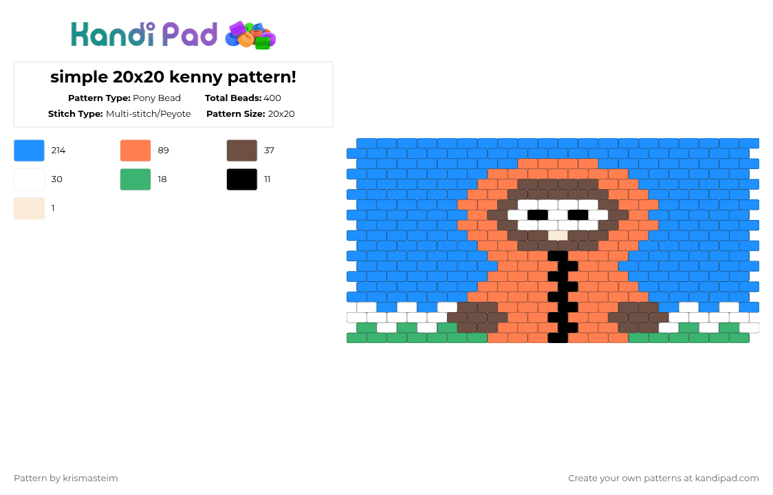 simple 20x20 kenny pattern! - Pony Bead Pattern by krismasteim on Kandi Pad - light blue,orange