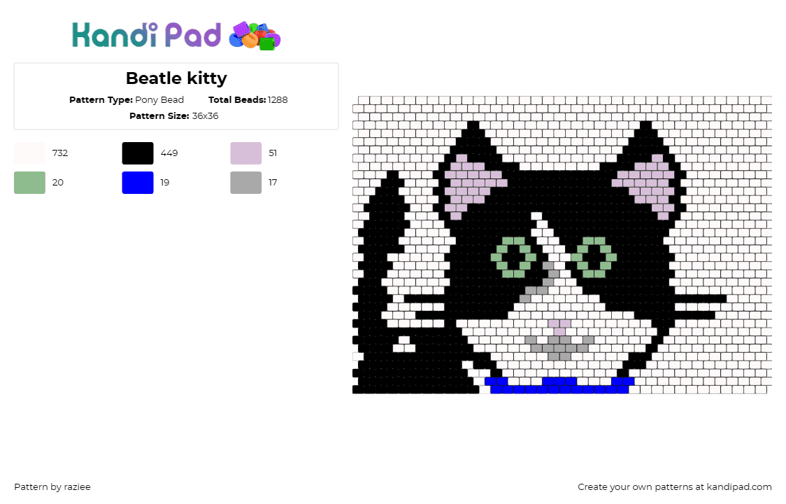 Beatle kitty - Pony Bead Pattern by raziee on Kandi Pad - cat,kitten,animal,feline,whiskers,green eyes,playful,black and white