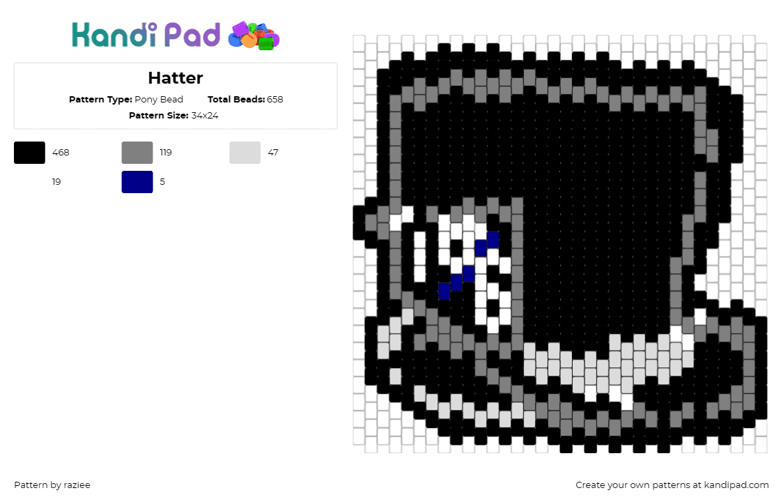 Hatter - Pony Bead Pattern by raziee on Kandi Pad - mad hatter,alice in wonderland,top hat,whimsical,eccentric,character,black