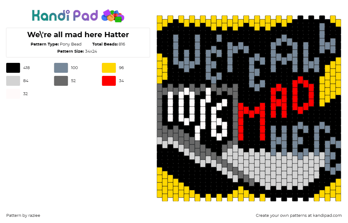 We\'re all mad here Hatter - Pony Bead Pattern by raziee on Kandi Pad - mad hatter,alice in wonderland,top hat,text,whimsical,quirky,playful,crafty,silh