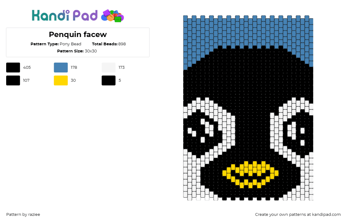 Penquin facew - Pony Bead Pattern by raziee on Kandi Pad - penguin,cute,bird,animal,wildlife,aquatic,face,black,white,yellow