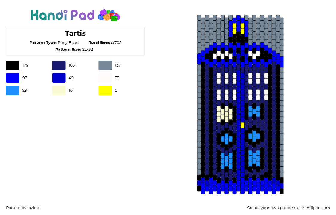 Tartis - Pony Bead Pattern by raziee on Kandi Pad - tardis,doctor who,phone booth,science fiction,timeless,legendary,series,blue