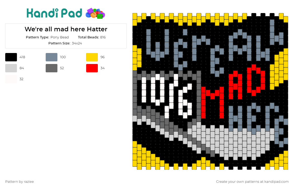 We\'re all mad here Hatter - Pony Bead Pattern by raziee on Kandi Pad - mad hatter,alice in wonderland,top hat,text,whimsical,quirky,playful,crafty,silhouette,black,yellow
