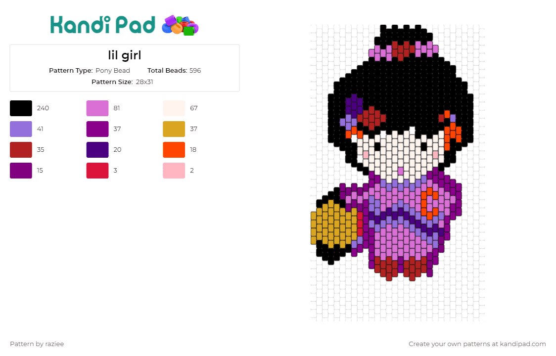 lil girl - Pony Bead Pattern by raziee on Kandi Pad - miyuki,girl,character,playful,whimsy,traditional,attire,vibrant,charm,purple,black