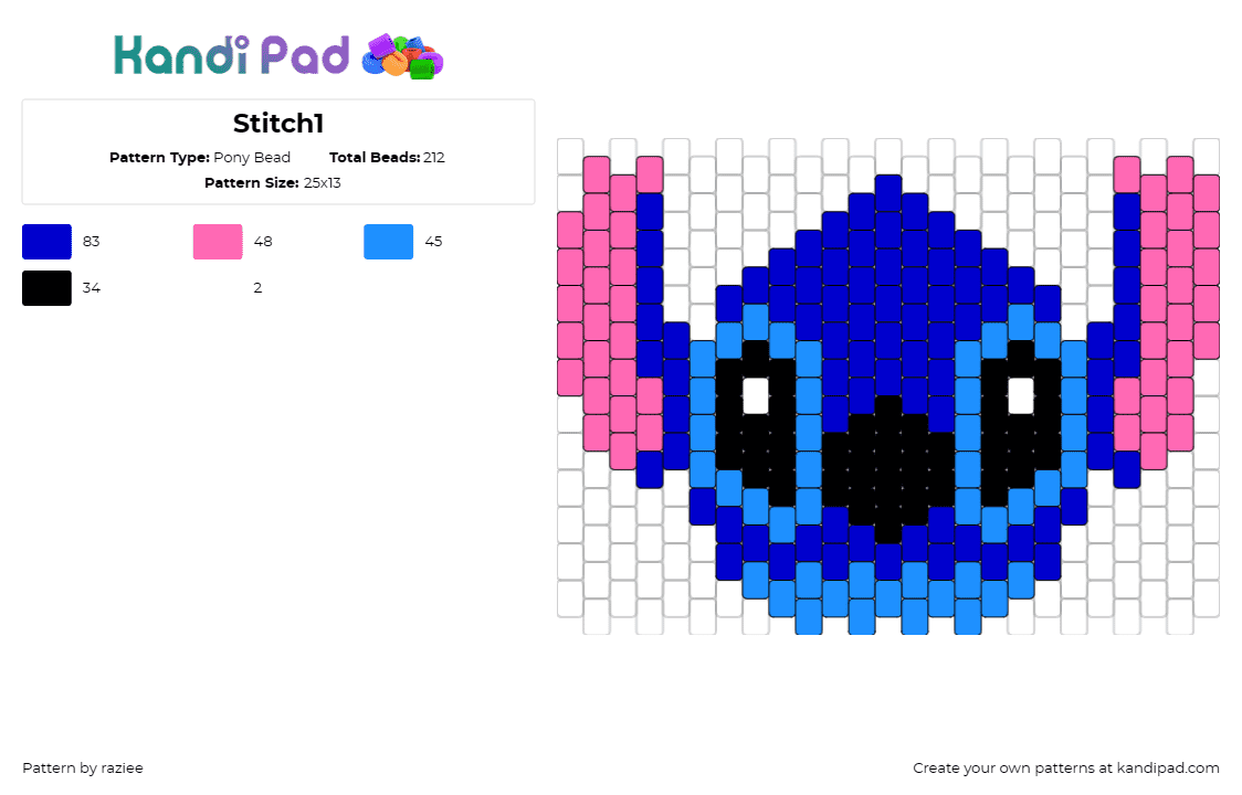 Stitch1 - Pony Bead Pattern by raziee on Kandi Pad - stitch,lilo and stich,disney,character,movie,cartoon,cute,blue,pink