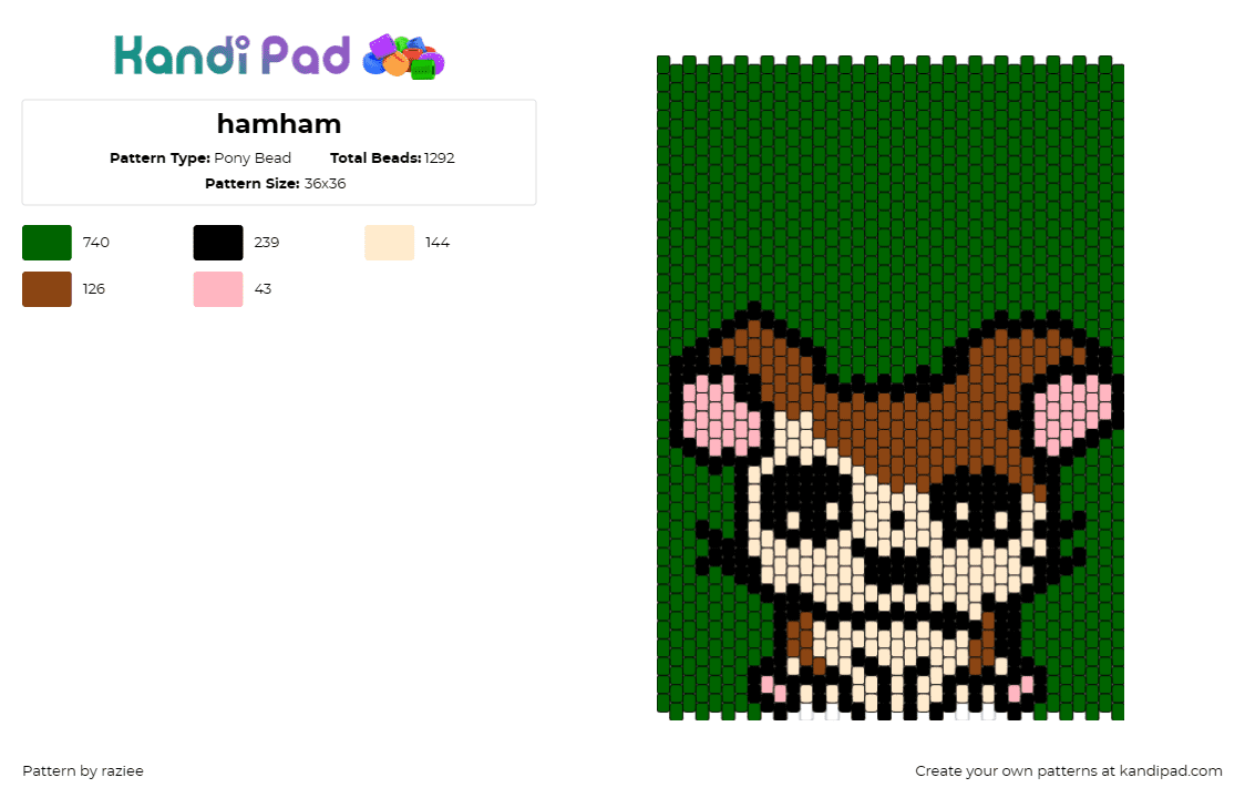 hamham - Pony Bead Pattern by raziee on Kandi Pad - hamham,hamster,animal,cute,panel,anime,brown,green,beige