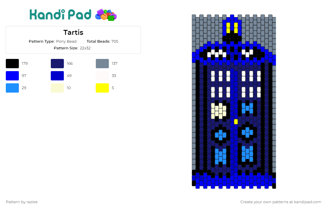 Tartis - Pony Bead Pattern by raziee on Kandi Pad - tardis,doctor who,phone booth,iconic,science fiction,timeless,legendary,fans,series,blue