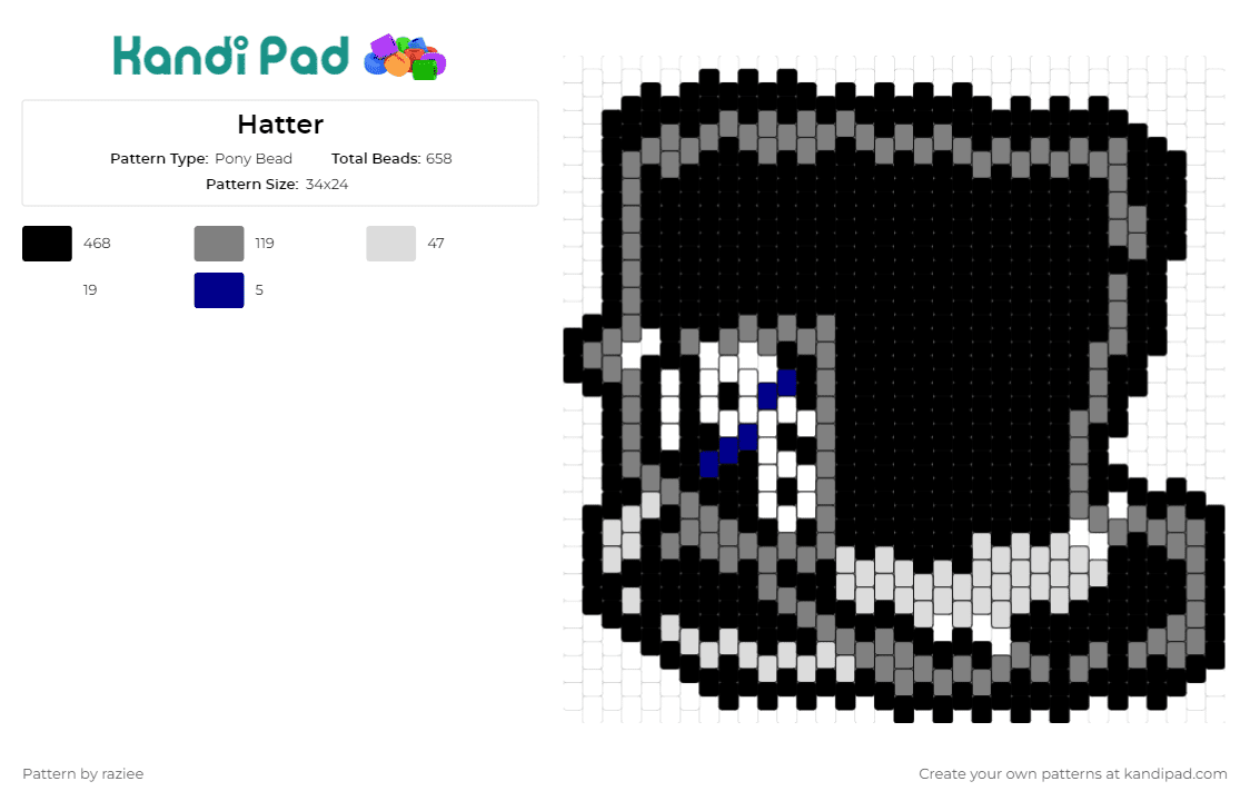 Hatter - Pony Bead Pattern by raziee on Kandi Pad - mad hatter,alice in wonderland,top hat,whimsical,iconic,eccentric,captivating,character,black