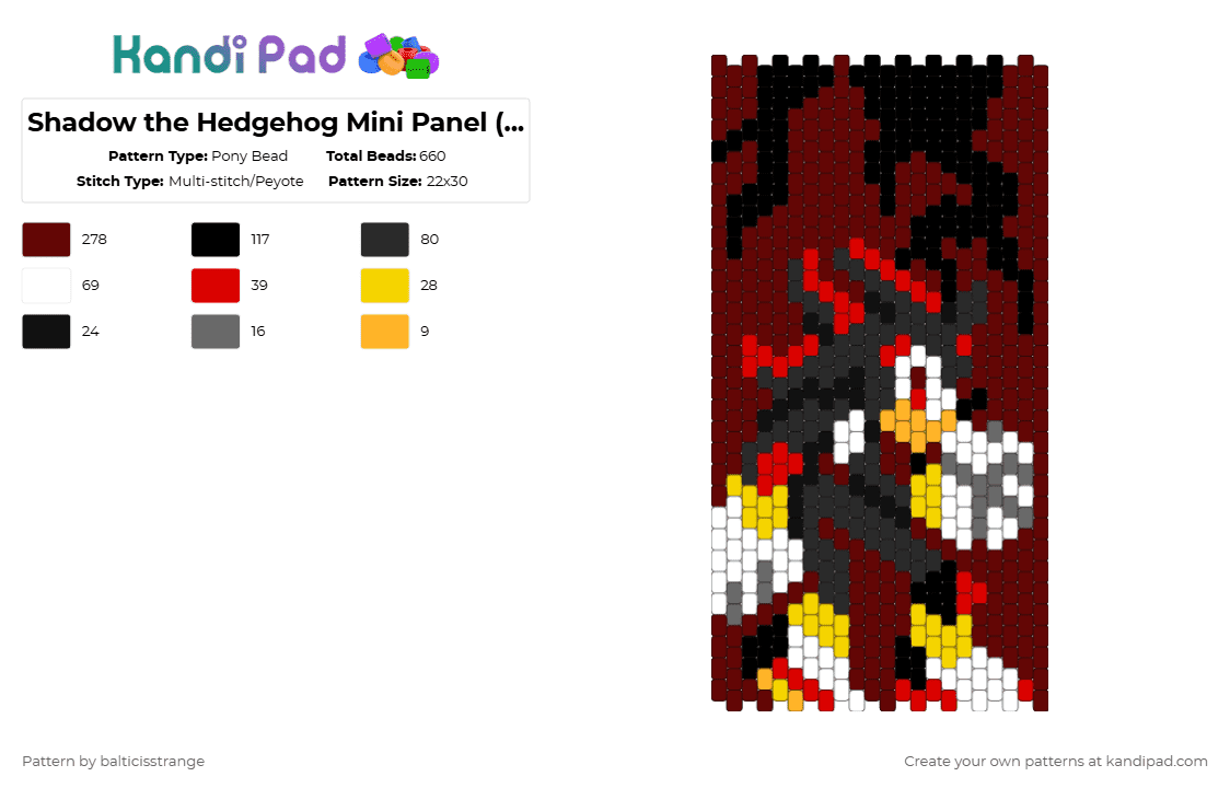 Shadow the Hedgehog Mini Panel - Pony Bead Pattern by balticisstrange on Kandi Pad - brown,sonic,sonic the hedgehog,shadow the hedgehog,gaming,character