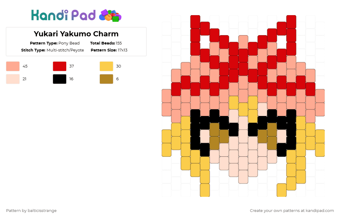 Yukari Yakumo Charm - Pony Bead Pattern by balticisstrange on Kandi Pad - beige,red,yukari,yukari yakumo,touhou,yukari touhou,charcater,video games