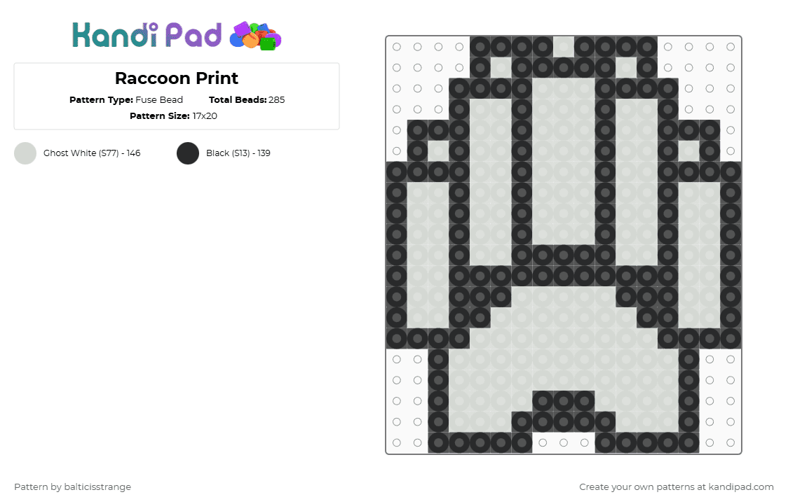 Raccoon Print - Fuse Bead Pattern by balticisstrange on Kandi Pad - white,black,animal,animal print