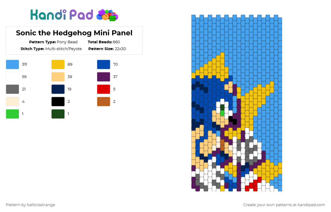 Sonic the Hedgehog Mini Panel - Pony Bead Pattern by balticisstrange on Kandi Pad - blue,light blue,yellow,sonic,sonic the hedgehog,panel,bag panel,small bag panel