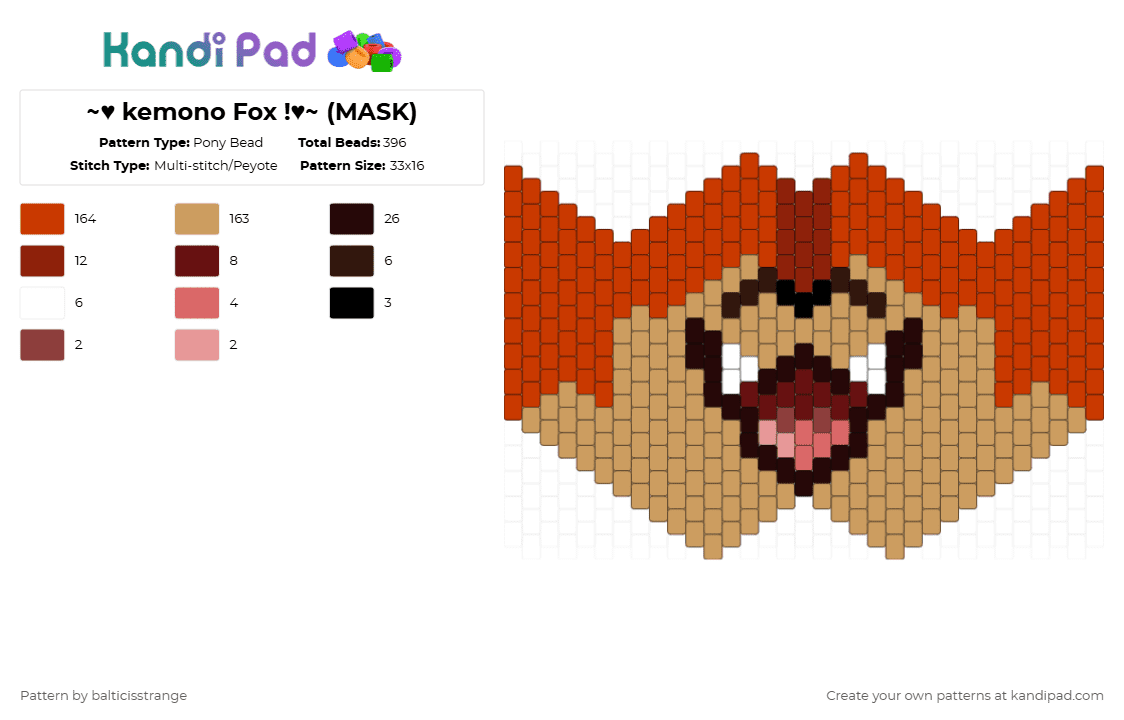 ~♥︎ kemono Fox !♥︎~ (MASK) - Pony Bead Pattern by balticisstrange on Kandi Pad - red,orange,furry,fox,fox furry,mask