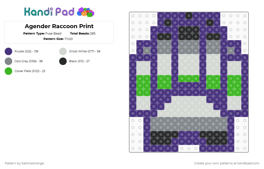 Agender Raccoon Print - Fuse Bead Pattern by balticisstrange on Kandi Pad - purple,animal,pride,pride flag,agender