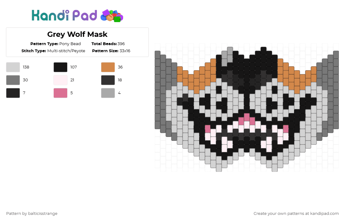 Grey Wolf Mask - Pony Bead Pattern by balticisstrange on Kandi Pad - white,gray,orange,wolf,mask,wolf mask,furry,furry mask