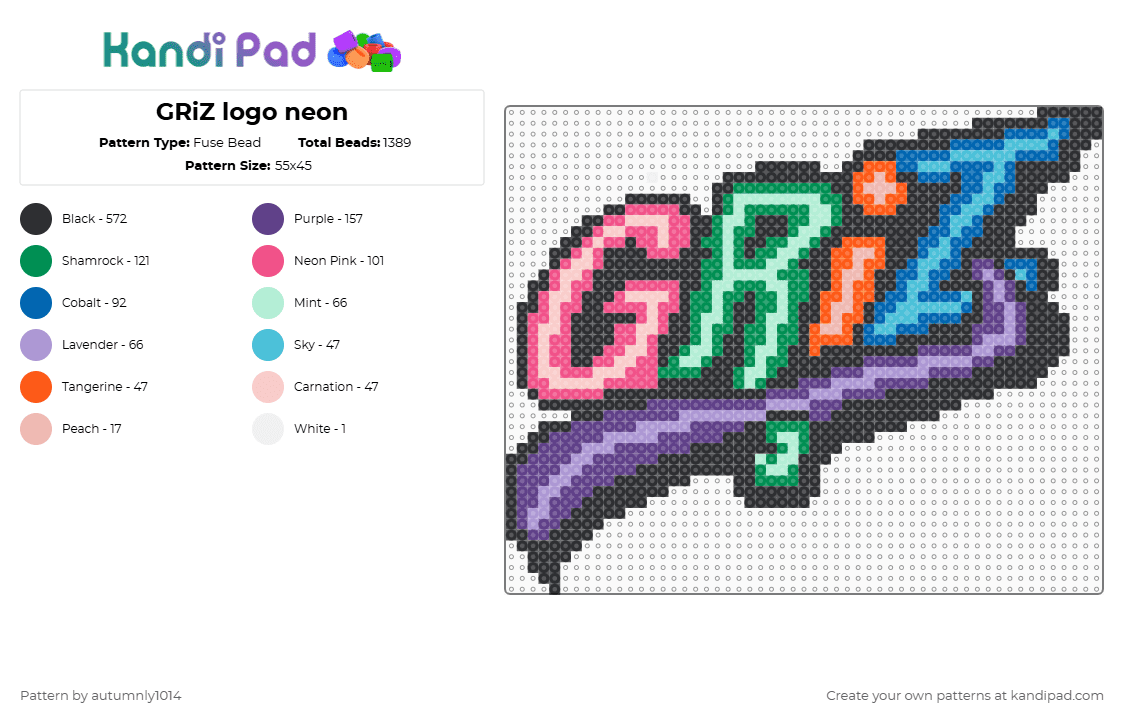 GRiZ logo neon - Fuse Bead Pattern by autumnly1014 on Kandi Pad - griz,dj,logo,music,edm,neon,black,green,purple,colorful