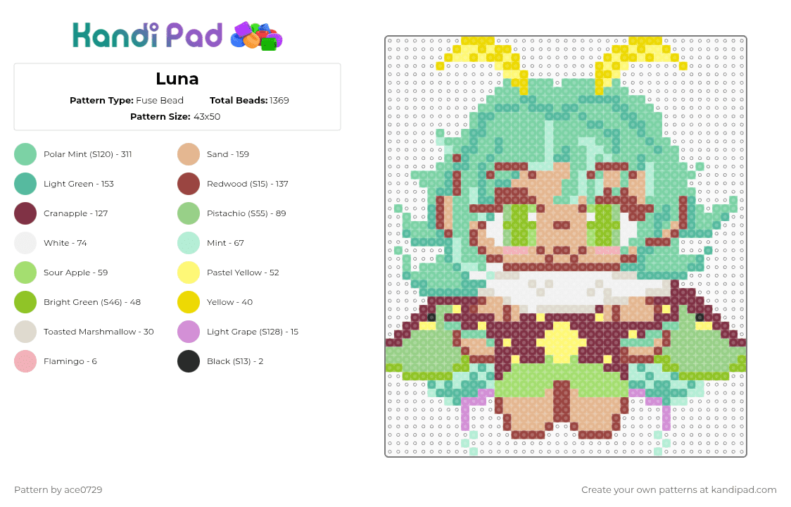 Luna - Fuse Bead Pattern by ace0729 on Kandi Pad - teal,beige