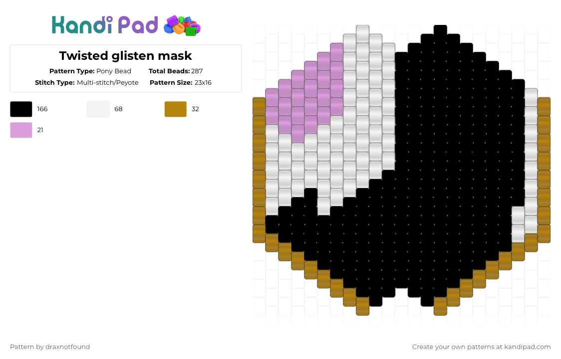 Twisted glisten mask - Pony Bead Pattern by draxnotfound on Kandi Pad - black,gold,pink,glisten,dandys world,dw,twisted glisten