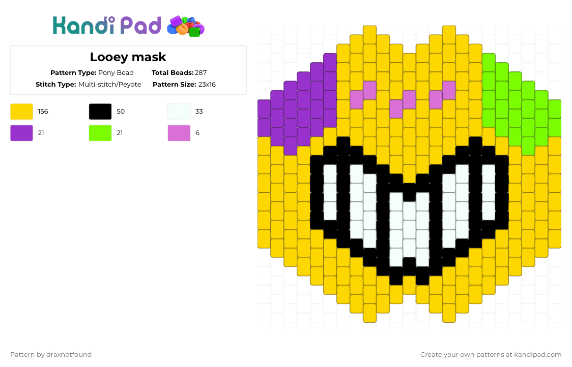 Looey mask - Pony Bead Pattern by draxnotfound on Kandi Pad - yellow,dandys world,looey,dw